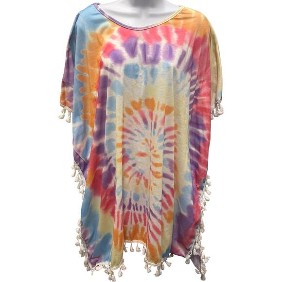 @Tab Other - Blakeley Bright Rainbow Tie Dye Macrame Swim Cover/Poncho OS-Beach Boho Festival